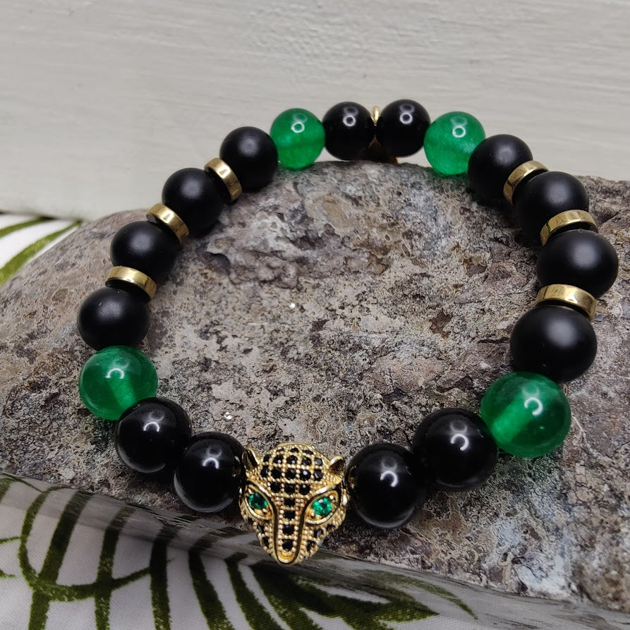 Mens Black Panther Bracelet with Green Beads